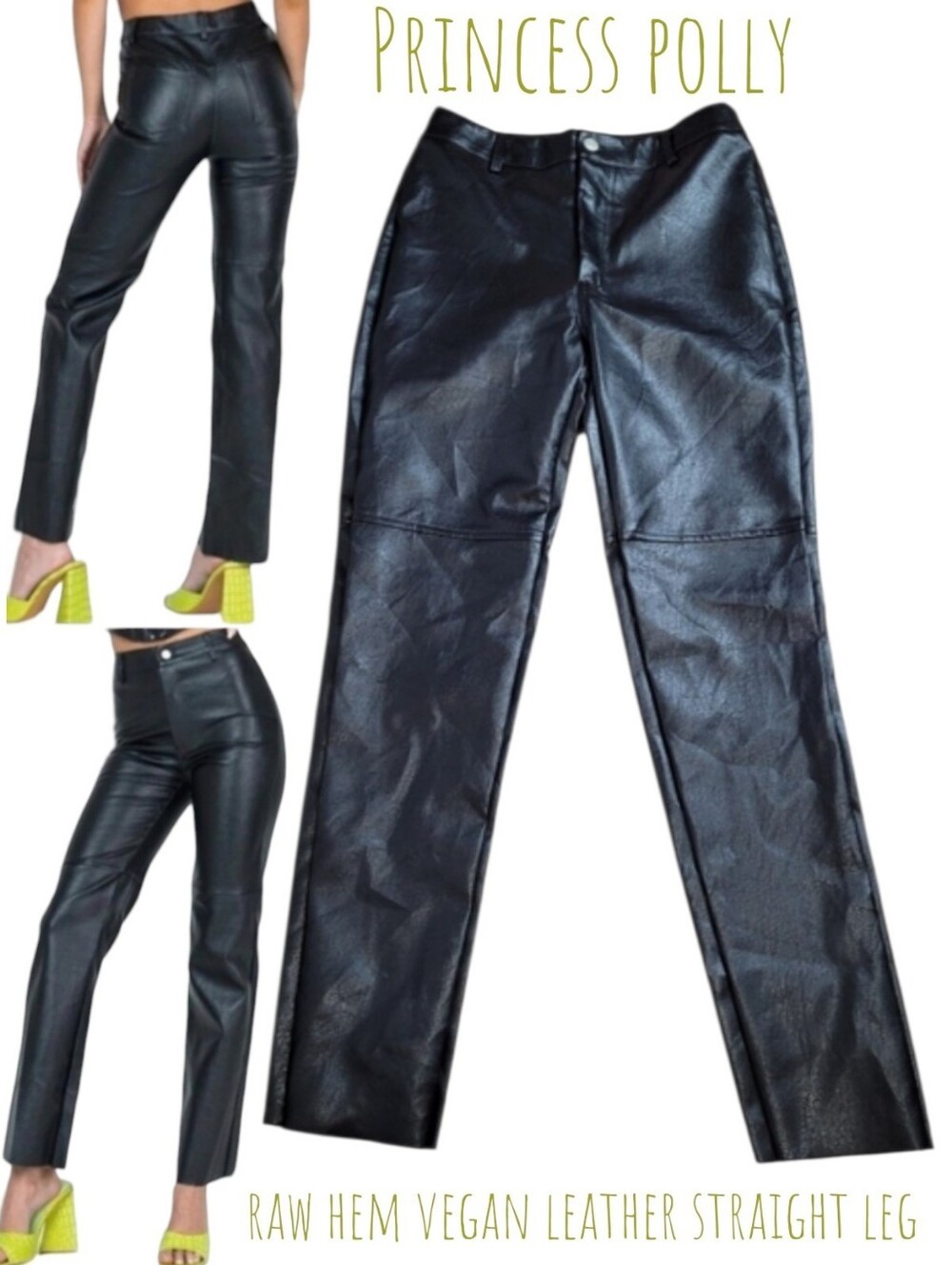 Princess polly Women's Black HR straight leg Pant vegan leather raw hem 6